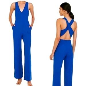 Express Women's Blue Cross Back Wide Leg Jumpsuit Office Siren V Neck S Cocktail